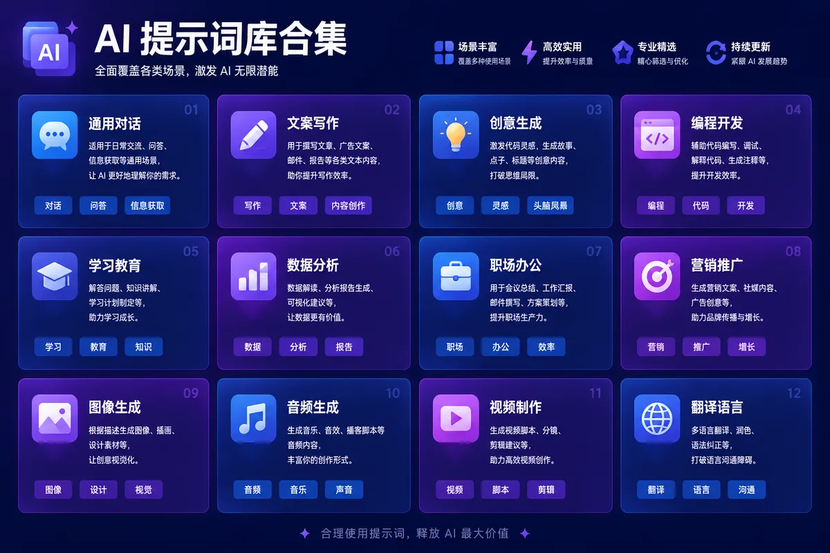 AI提示词库：100个高质量Prompt模板，覆盖工作学习创作（2026收藏版）