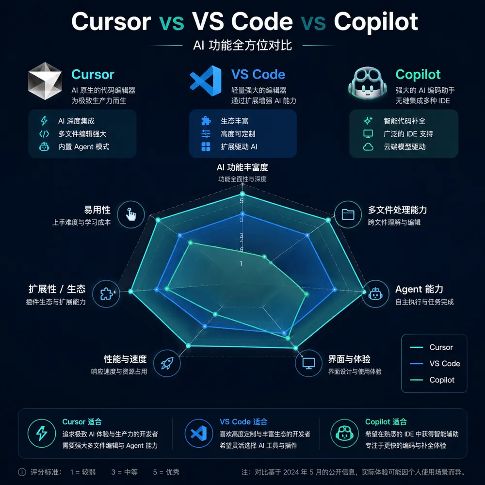 Cursor与VS Code、Copilot、Windsurf对比图