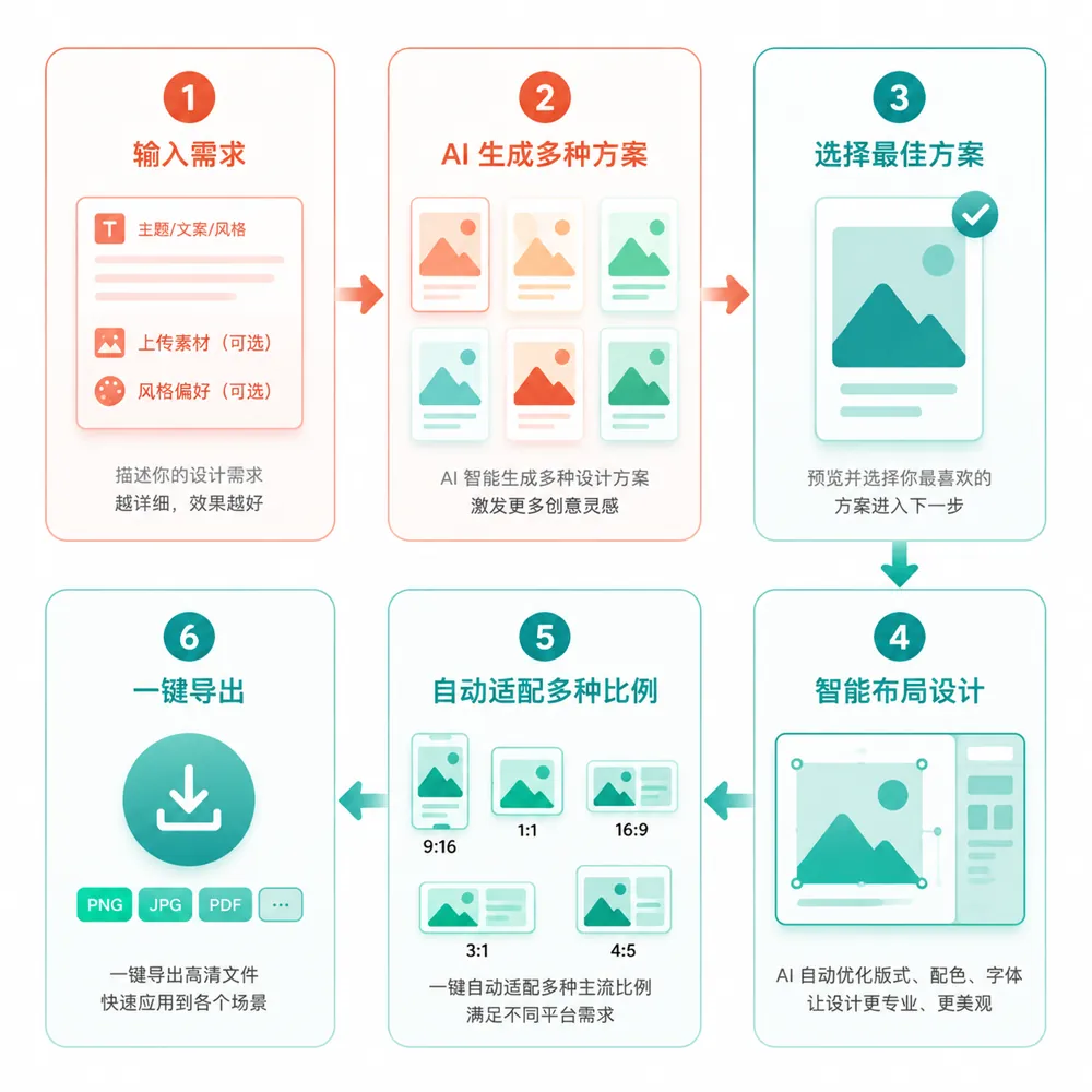 AI设计工作流：输入需求→生成多方案→选最佳→智能排版→多尺寸适配→导出