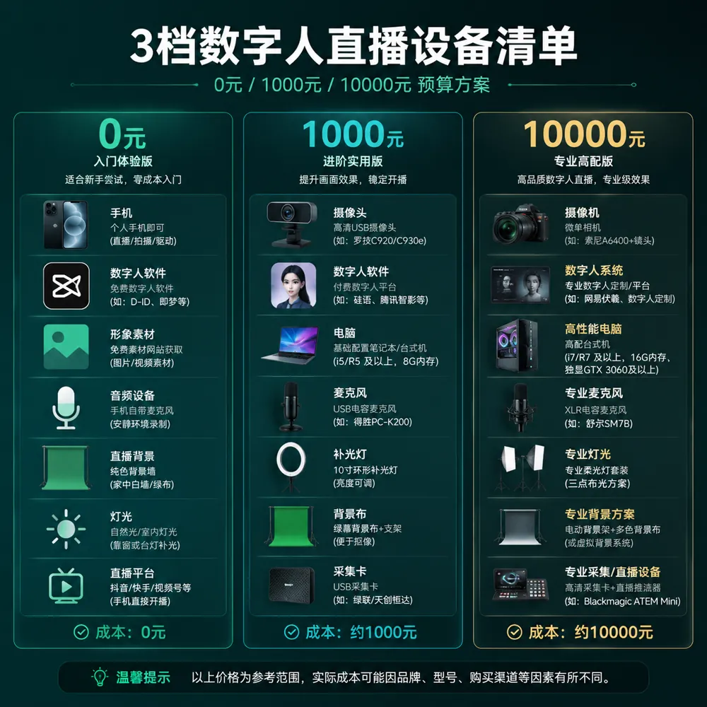 3档数字人直播系统预算方案设备清单对比:0元/1000元/10000元三档设备+软件+服务清单