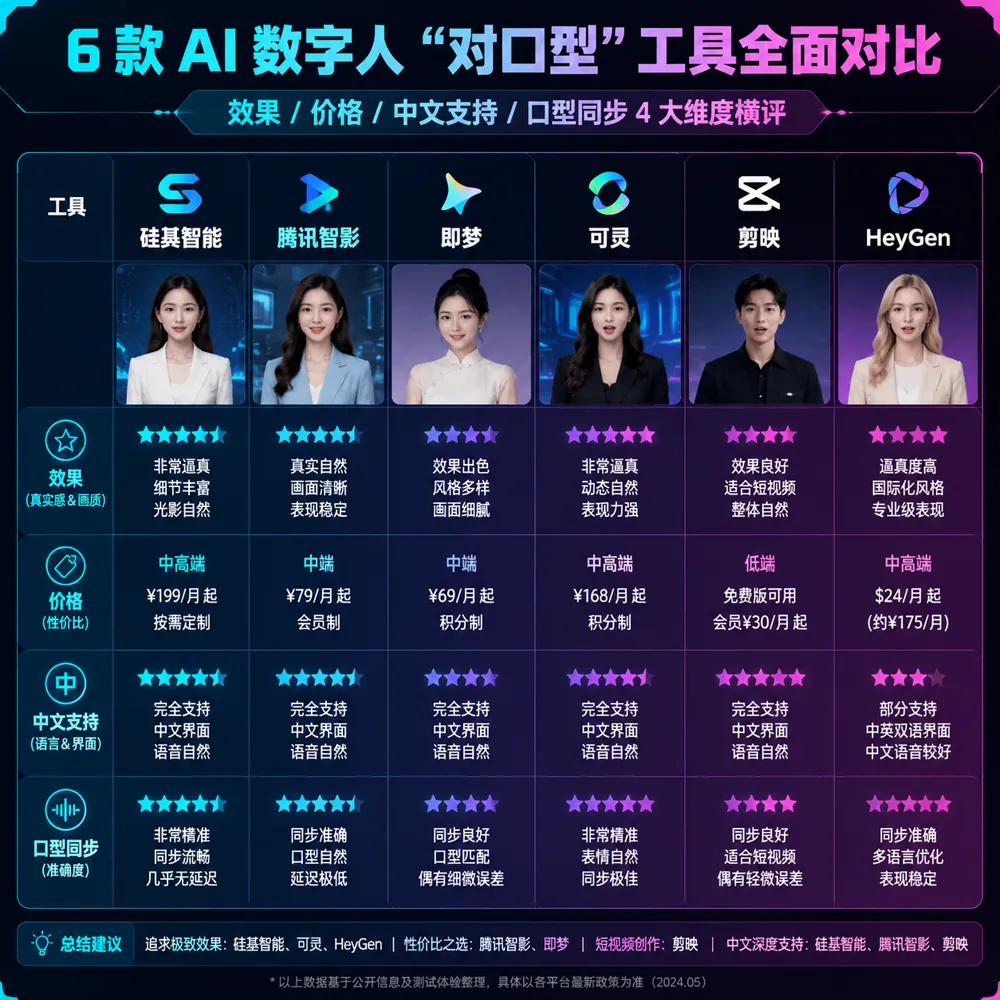 6款AI数字人口播工具横评：硅基智能/腾讯智影/即梦/可灵/剪映/HeyGen雷达图对比