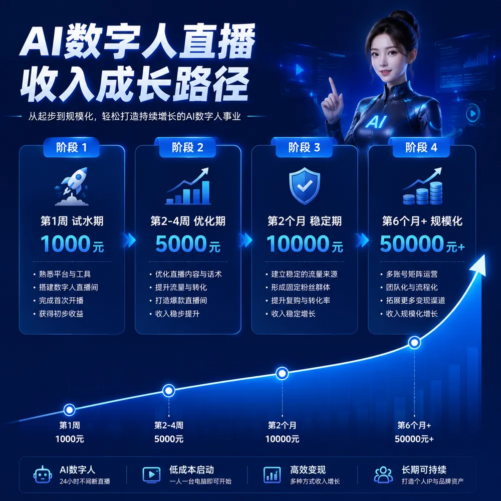 AI数字人直播月入1万真实路径:第1周试水/月入1k→第2-4周优化/月入5k→第2个月稳定/月入1万