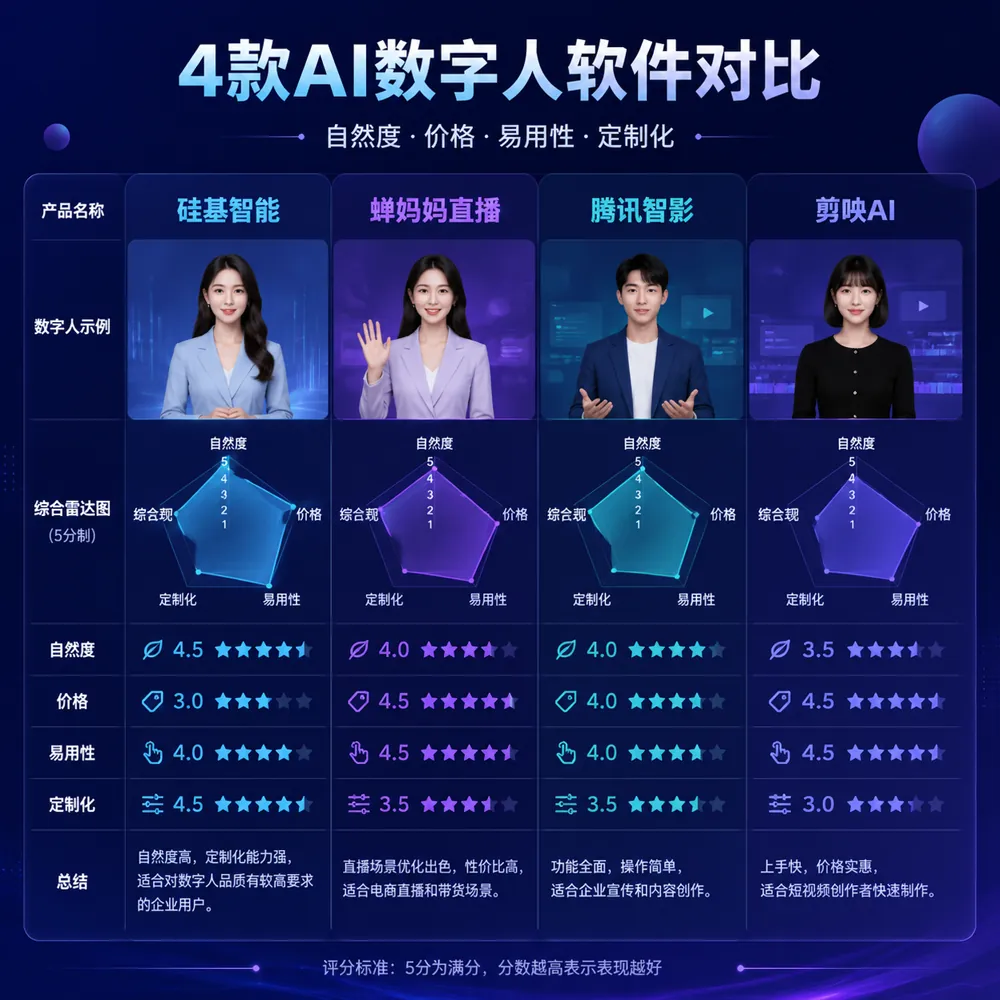 4款AI数字人软件横评:硅基智能/蝉妈妈/腾讯智影/剪映 价格/效果/易用性雷达图对比