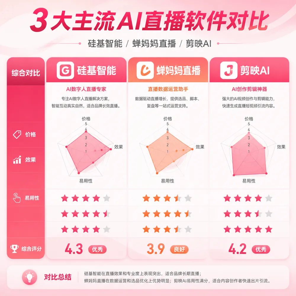 3款AI直播软件横评：硅基智能/蝉妈妈/剪映AI功能价格对比雷达图