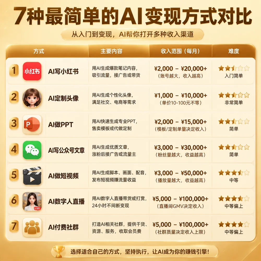 7种AI变现最简单方法对比:写小红书/做头像/做PPT/写公众号/做视频/数字人直播/付费社群收入与难度对比