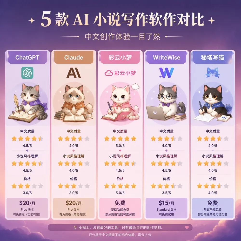 5款AI写小说软件横评：ChatGPT/Claude/彩云小梦/WriteWise/秘塔功能与价格对比