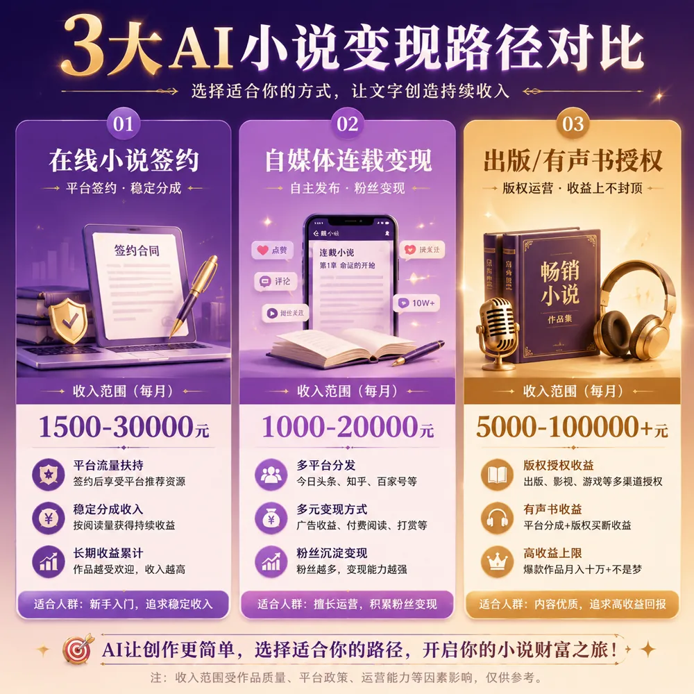 AI写小说3种赚钱路径：网文平台签约/自媒体连载/出版有声书收入区间对比