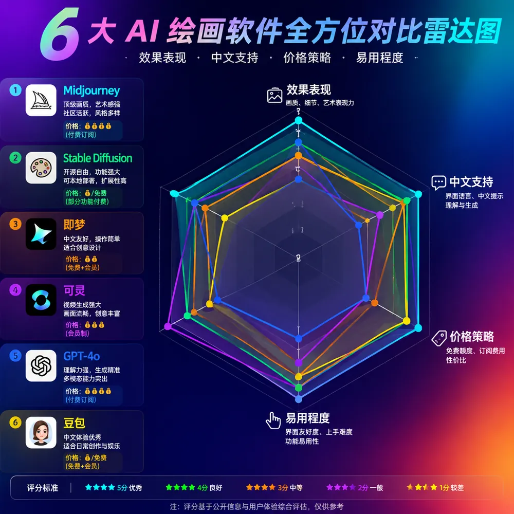 6款AI绘画软件效果对比图：Midjourney/SD/即梦/可灵/GPT-4o/豆包在出图质量/中文支持/价格/易用性四维度评分