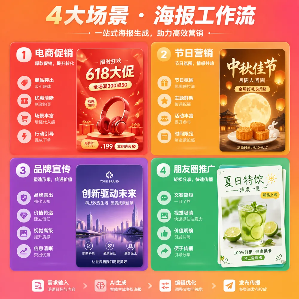 AI海报工具按场景选型决策树：电商促销/节日营销/品牌宣传/朋友圈4大场景各推荐最优工具组合决策流程图