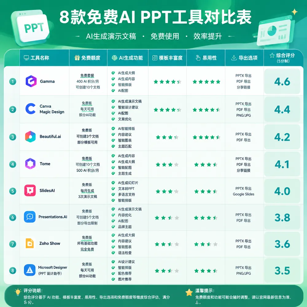 8款免费AI做PPT工具横评对比表