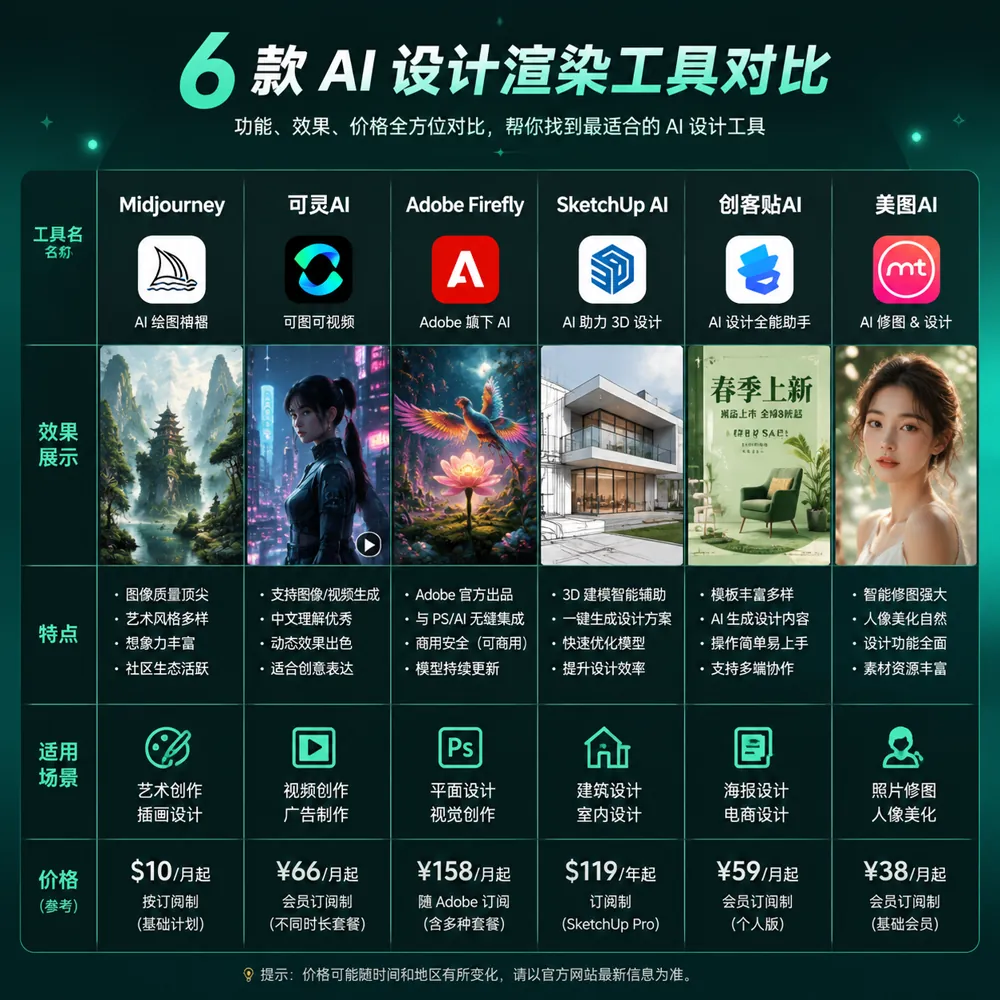 2026年6款AI设计效果图软件横评对比表