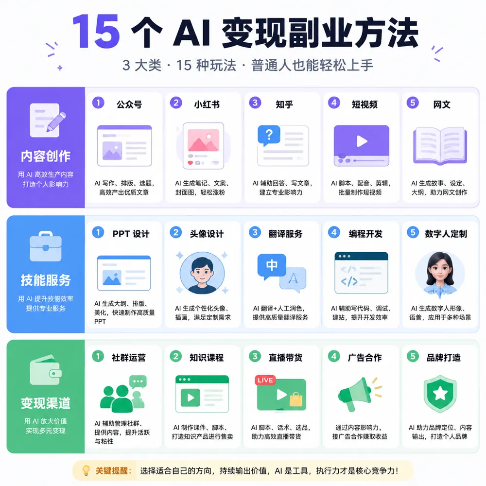 15种AI副业方法全景对比：内容创作类/技能服务类/流量变现类三大类别