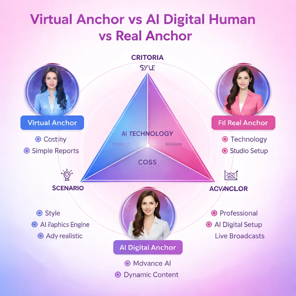 虚拟主播vs AI数字人 vs 真人主播三者对比：风格/技术/成本/应用场景雷达图