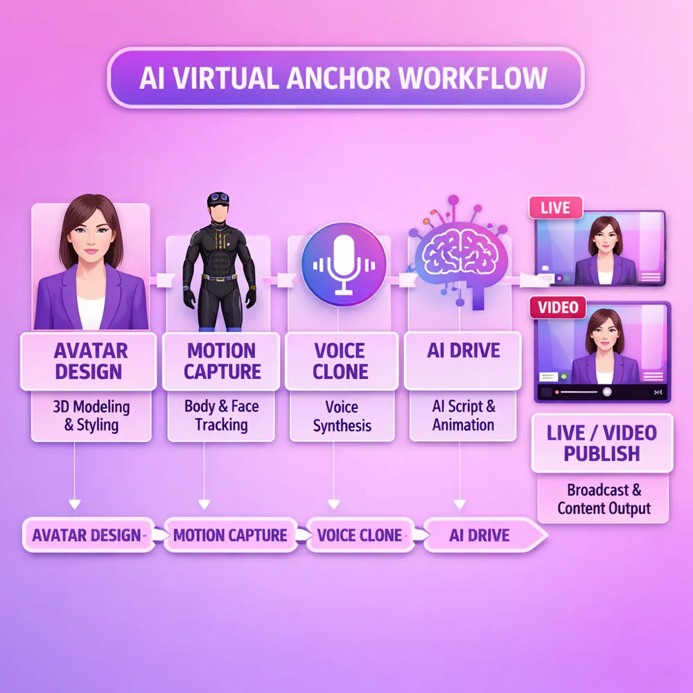 AI虚拟主播完整工作流：形象设计→动作捕捉→声音克隆→AI驱动→直播/视频应用流程图