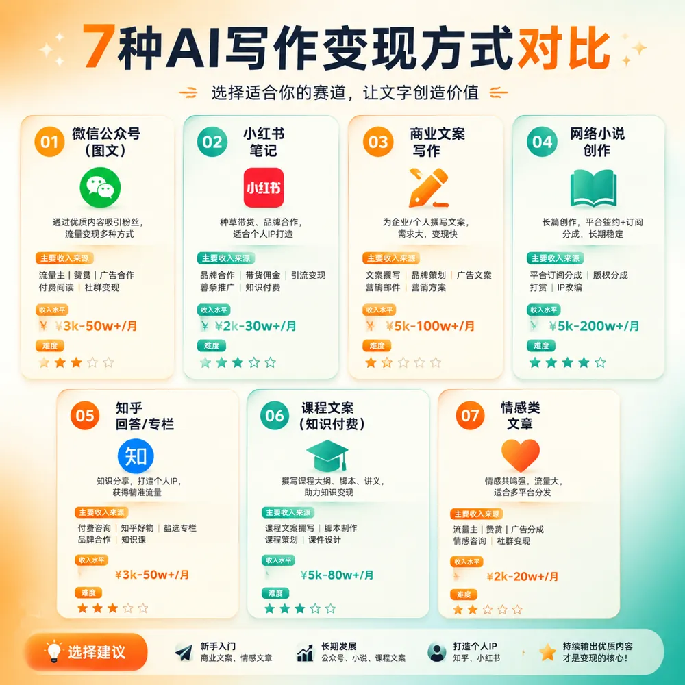 7种AI写作赚钱方法对比:写公众号/小红书/广告文案/网文/知乎/课程文案/情感文收入与难度对比图
