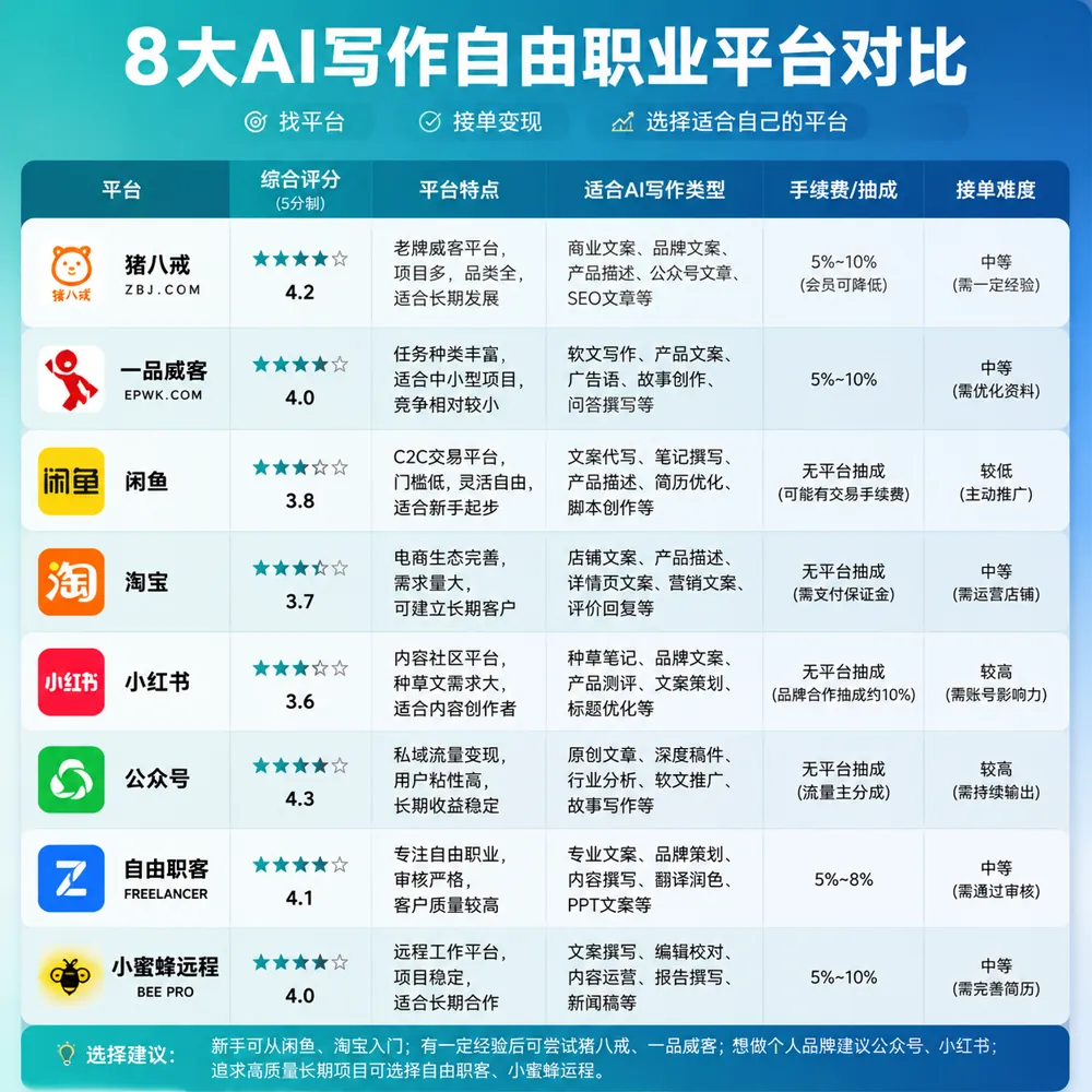 8大AI写作接单平台横评：猪八戒/一品威客/闲鱼/淘宝/小红书/公众号/自由职客/小蜜蜂远程特性对比
