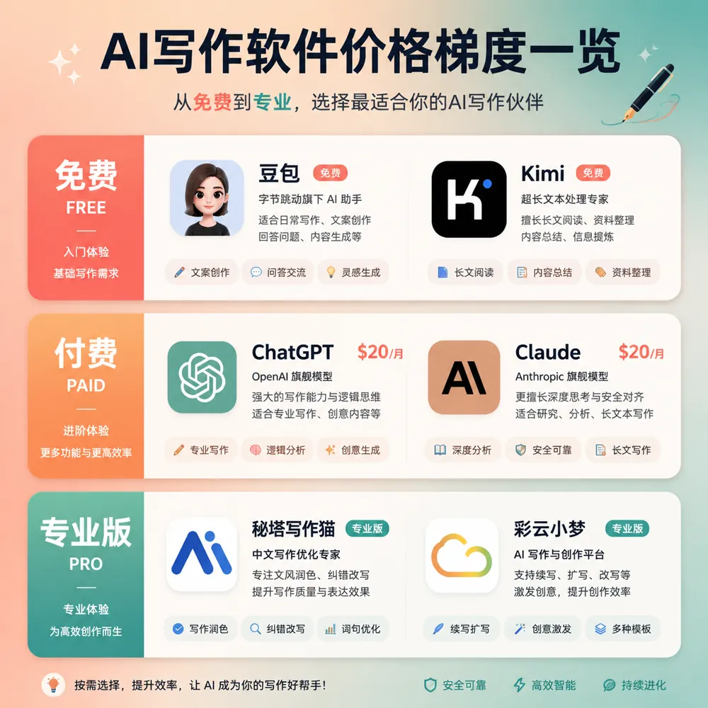 8款AI写作软件价格对比图：免费版/付费版价格阶梯与适用场景对照表