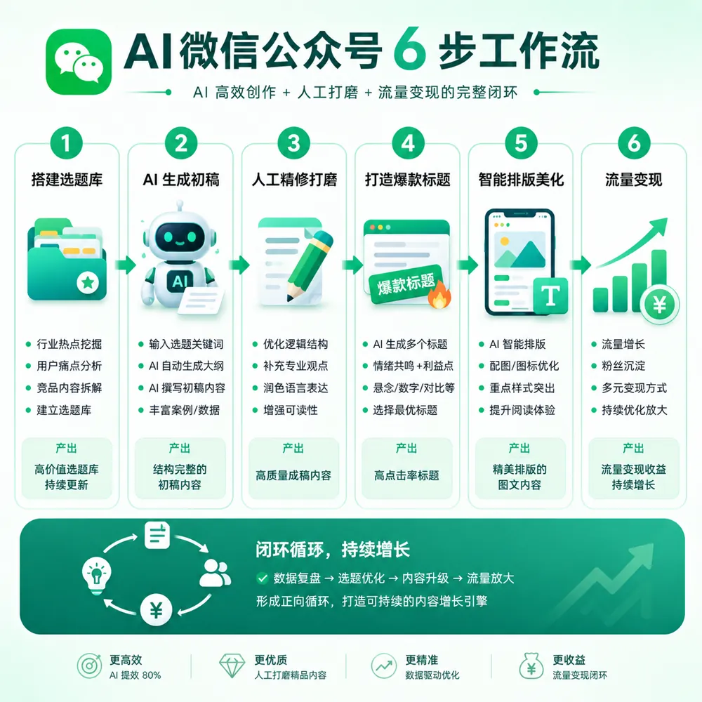 AI写公众号爆文完整工作流:选题库→AI初稿→人工润色→爆款标题→AI排版→流量主变现六步流程图